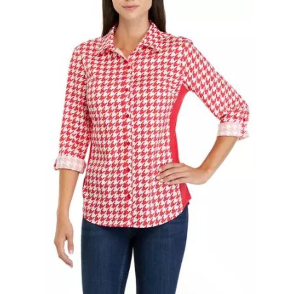 Kim Rogers Roll Tab Knit to Fit Shirt Red And White Houndstooth Women's Size S